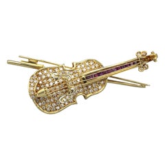 Estate Diamond Ruby 18k Yellow Gold Violin Brooch Pin