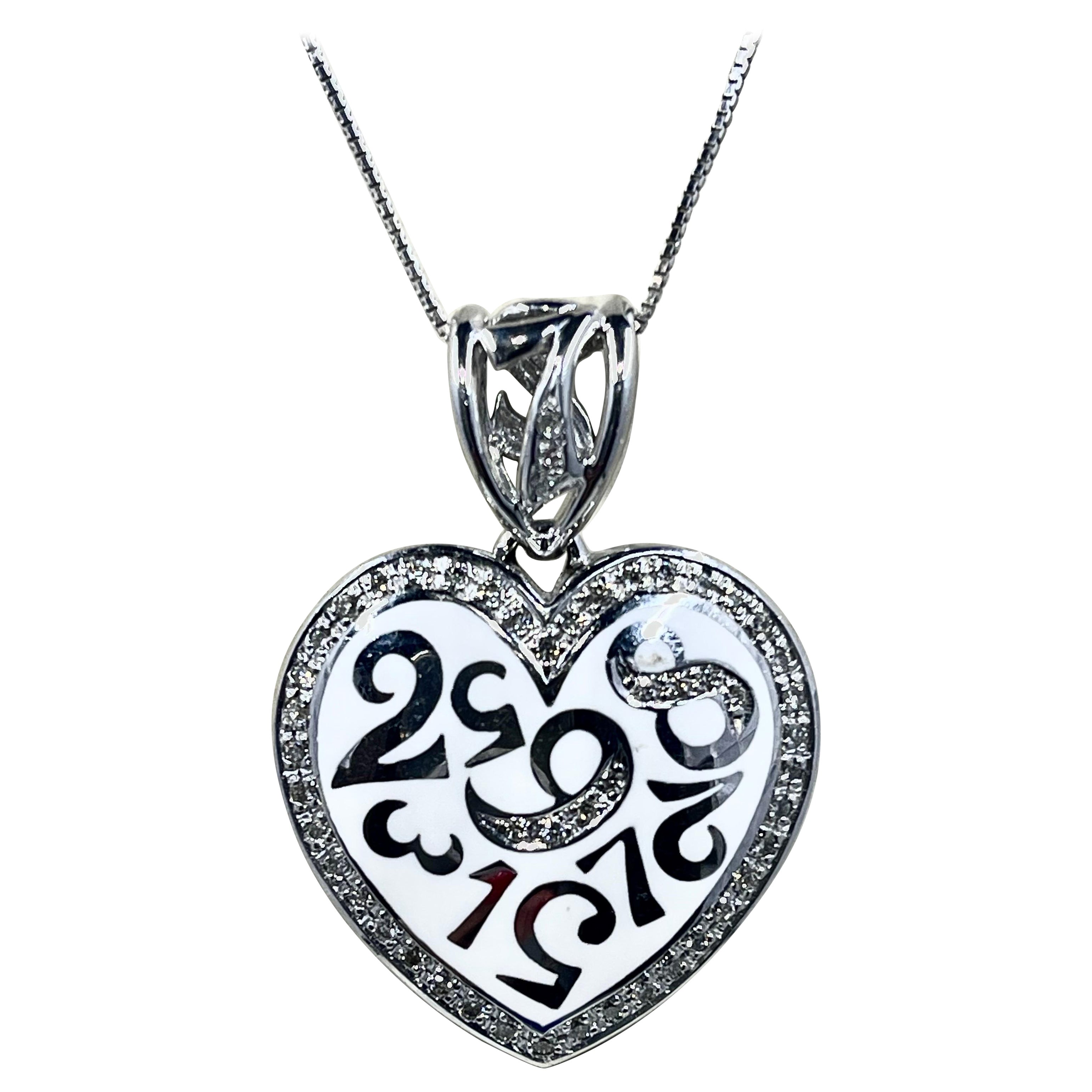 Diamond And White Enamel Heart Necklace In 148k White Gold  For Sale