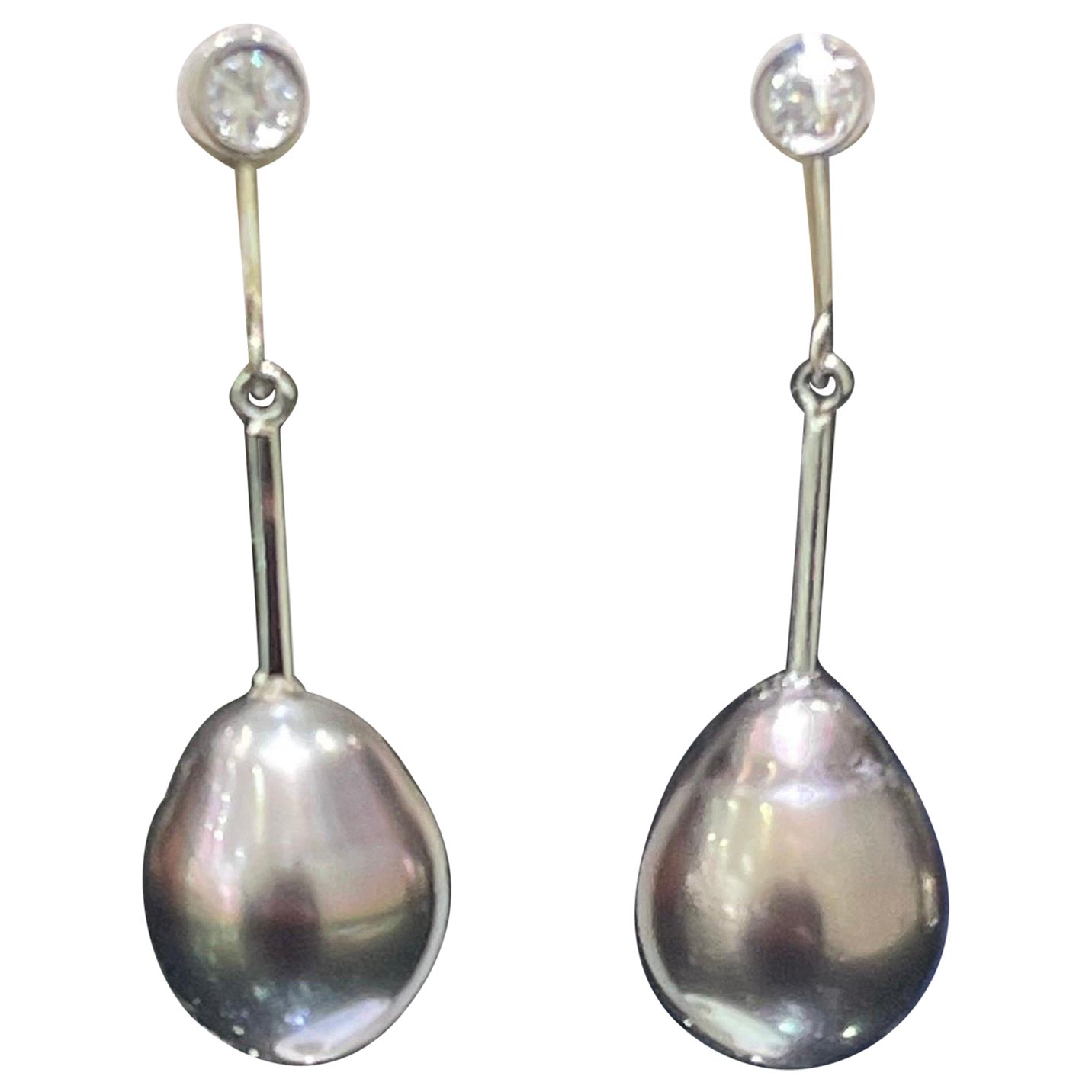 Black South Sea Pearl & Diamond Earrings In 14k White Gold  For Sale