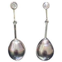 Black South Sea Pearl & Diamond Earrings In 14k White Gold 