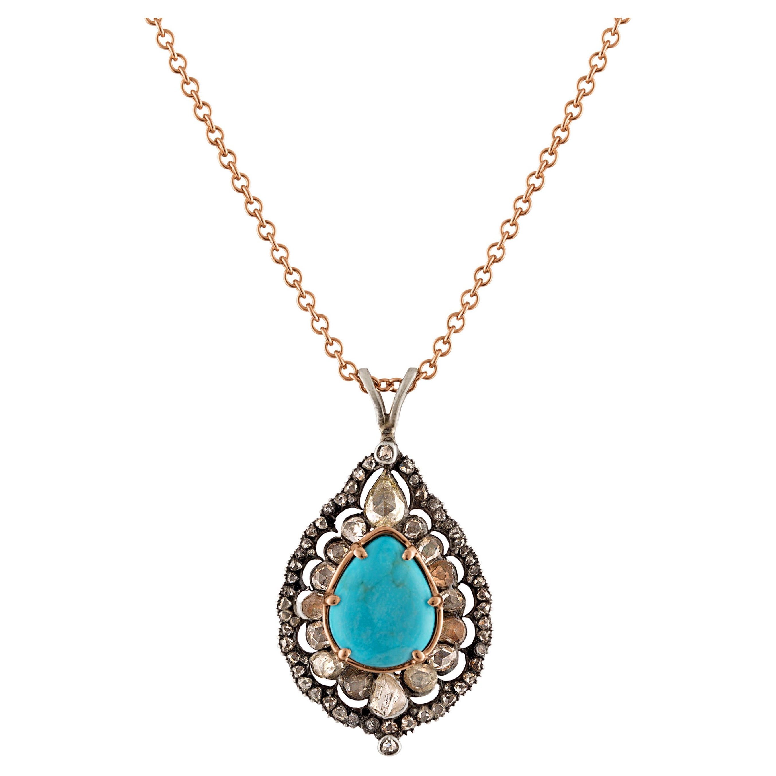 Original Victorian Turquoise Rose Cut Diamond Pendant 