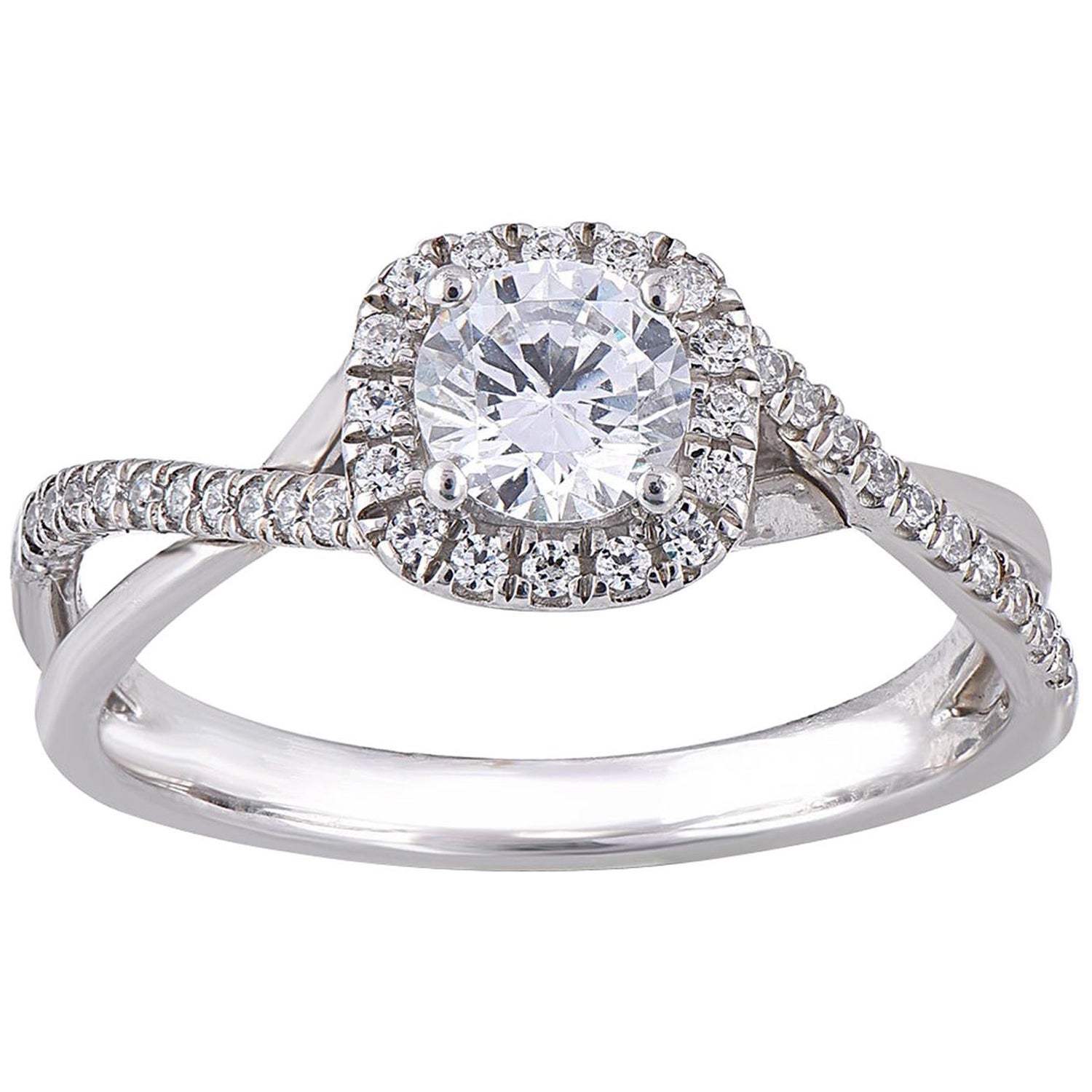 TJD 0.75 Carat Round Diamond 14 Karat White Gold Halo Crisscross Fashion Ring For Sale