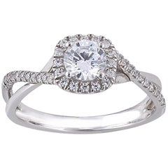 TJD 0.75 Carat Round Diamond 14 Karat White Gold Halo Crisscross Fashion Ring