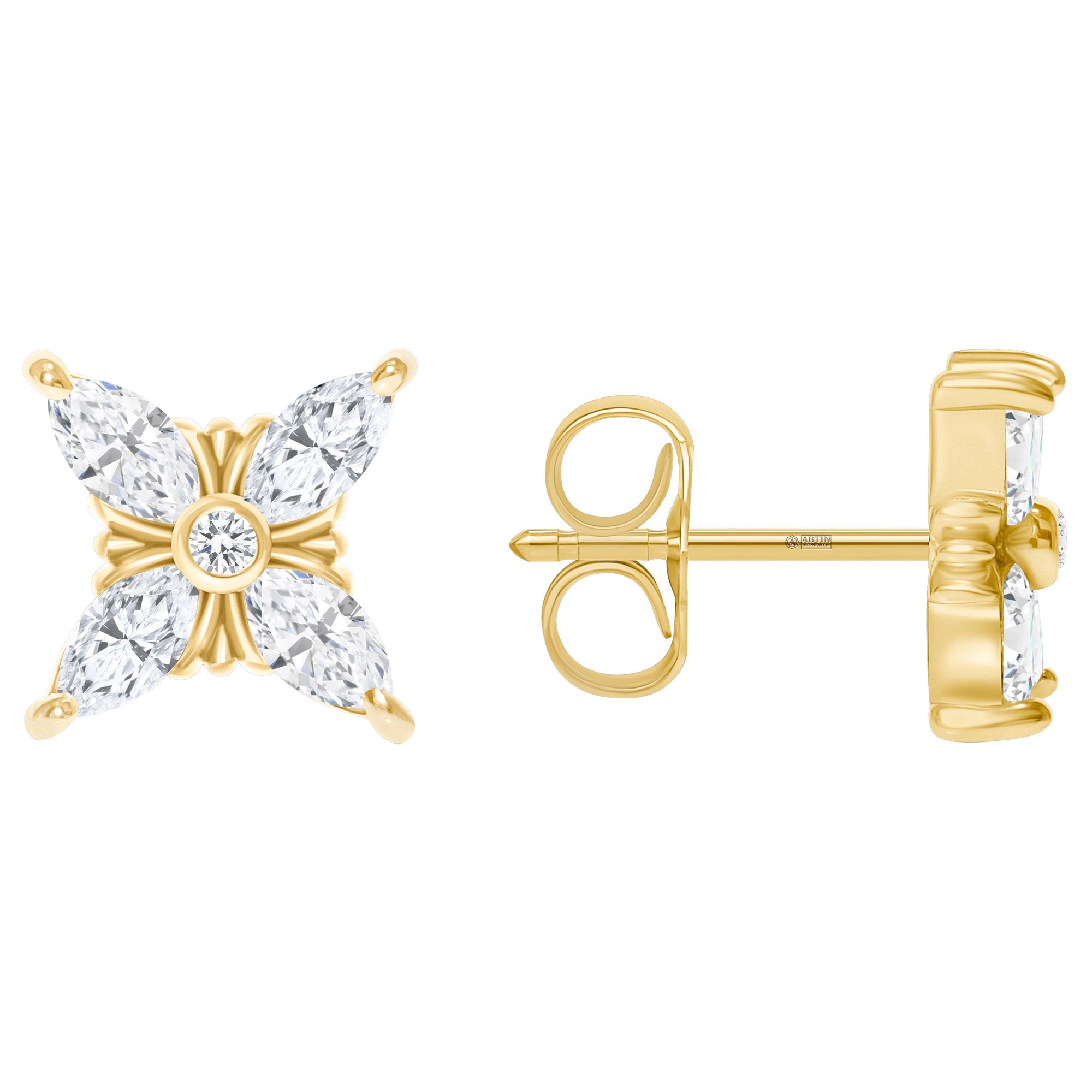 14K Floral Style Marquise-cut Diamond Stud Earrings For Sale