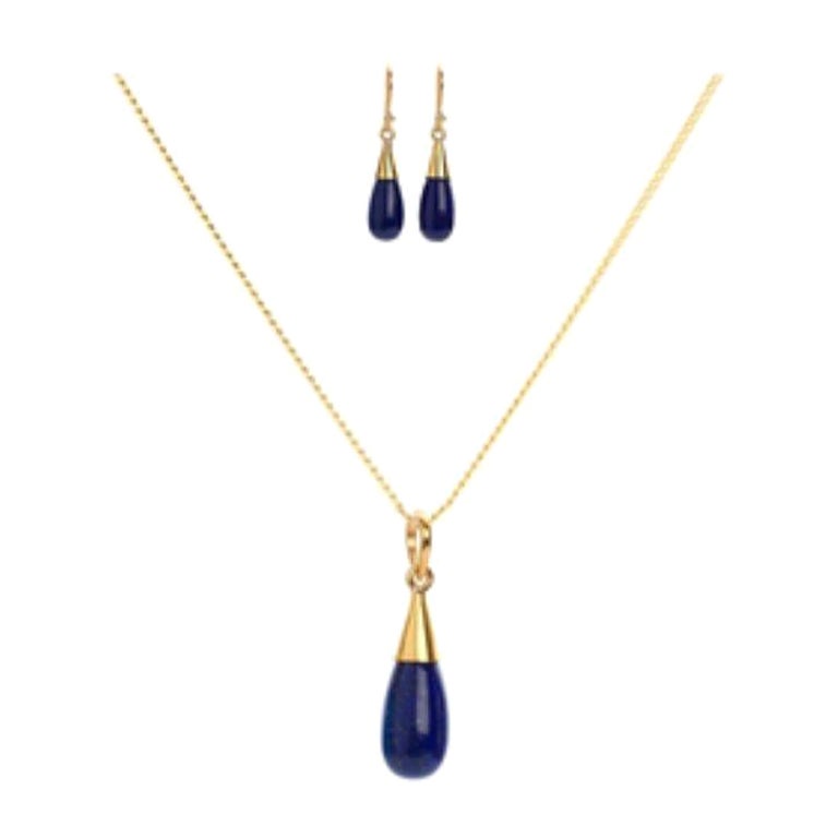 18K Gold Lapis Lazuli Third Eye Chakra Droplet Necklace & Earrings Gift Set For Sale