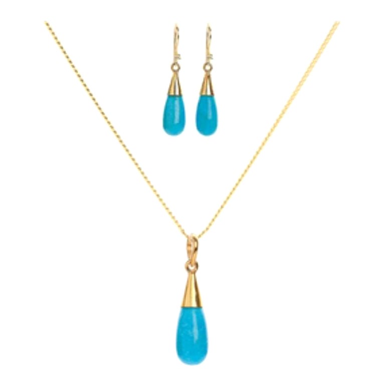 18K Gold Turquoise Throat Chakra Droplet Necklace & Earrings Gift Set For Sale