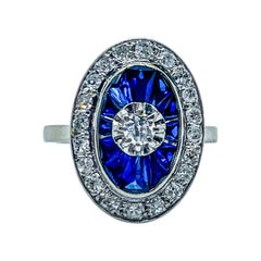 Elegant Art Deco 18K White Gold, Ceylon Sapphire & Diamond Ring