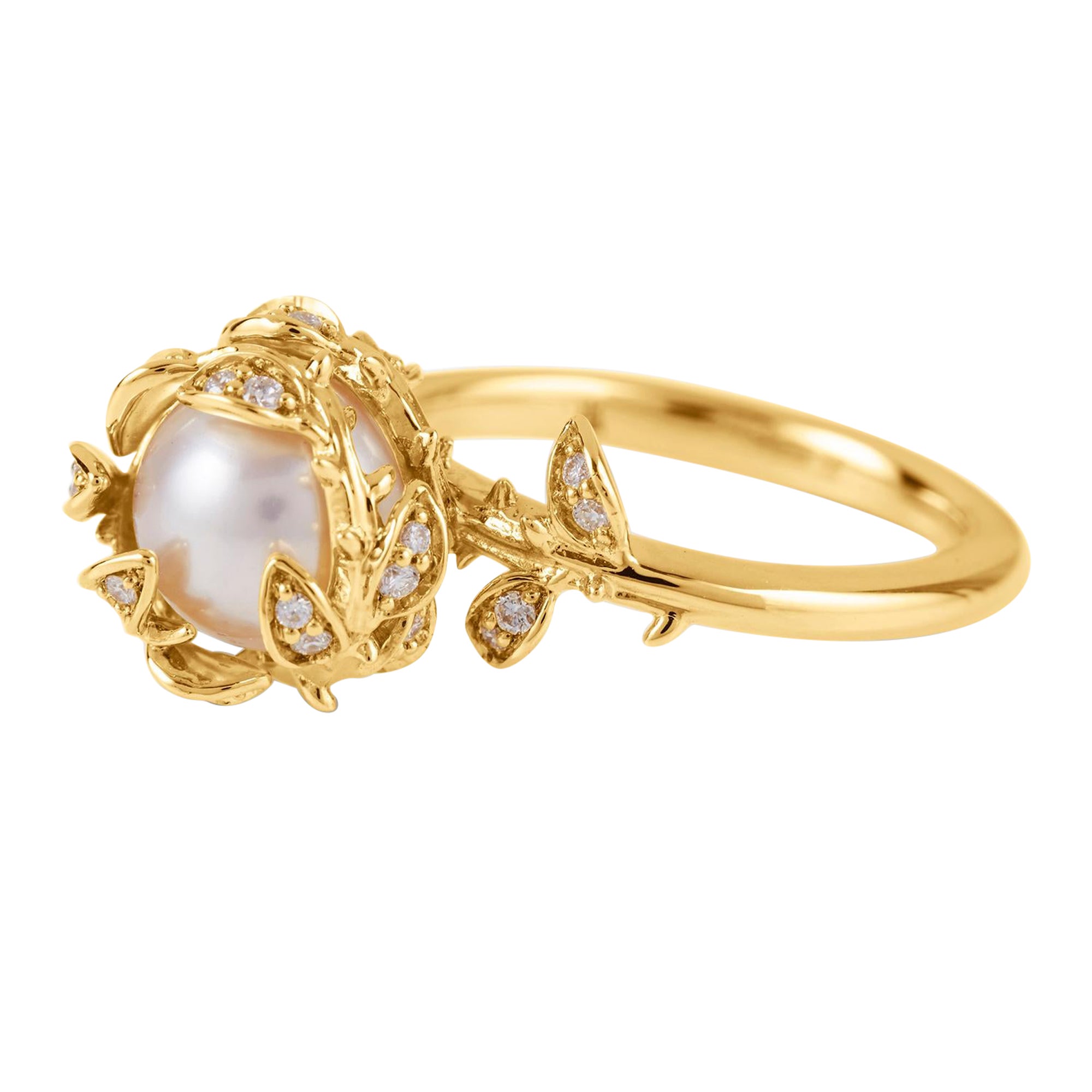Bague à perles et diamants imbriqués - or jaune 18ct en vente