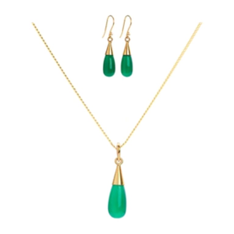 18K Gold Green Onyx Heart Chakra Droplet Necklace & Earrings Gift Set For Sale