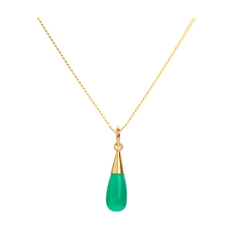 18K Gold Green Onyx Heart Chakra Droplet Pendant Necklace by Elizabeth Raine For Sale