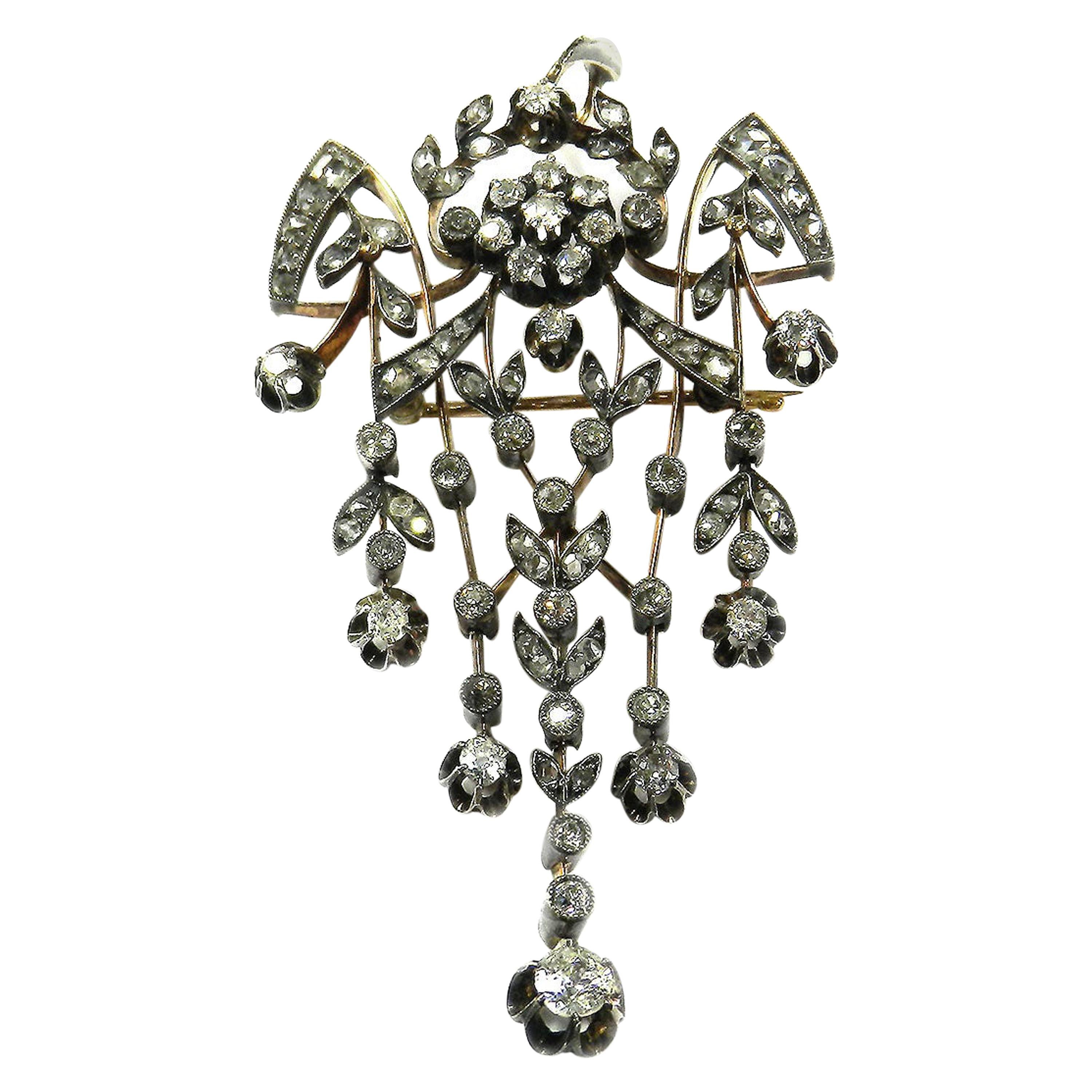 Antique 2.5 Carat Diamond Gold Pendant Brooch Moscow circa 1910 For Sale
