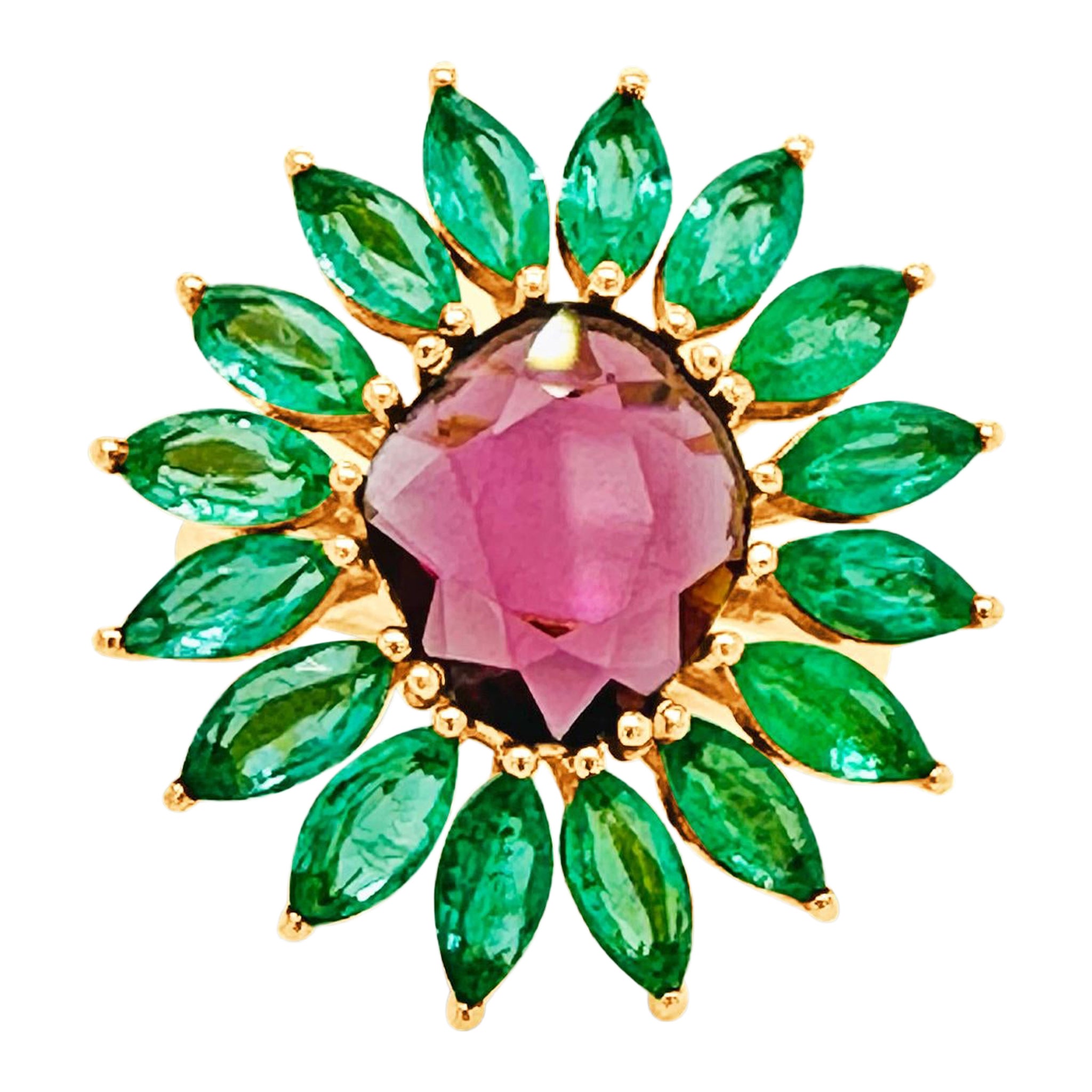 Emerald Marquise & Rhodolite Unshape Ring In 18K Yellow Gold For Sale