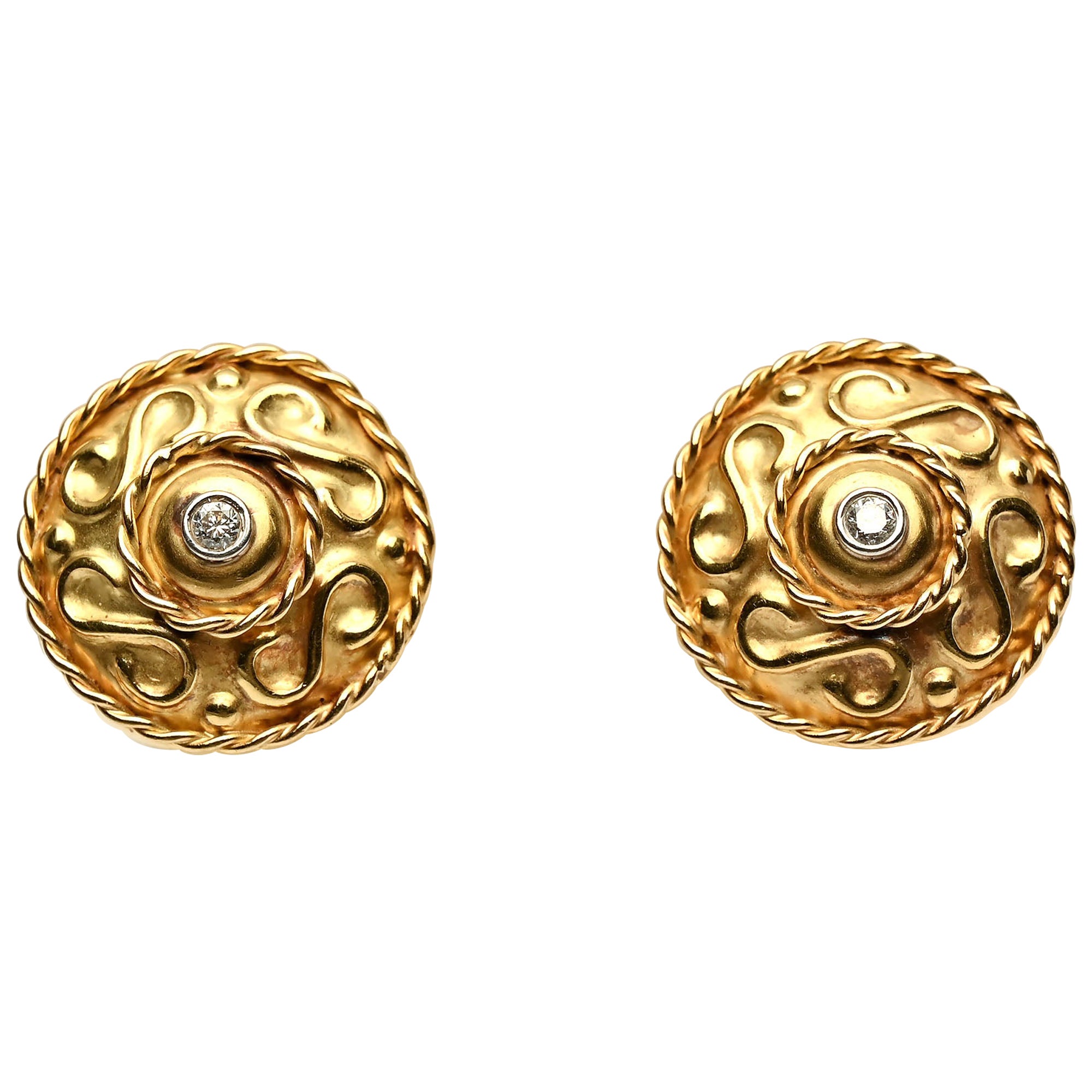 Round Gold Earrings with Center Diamond For Sale