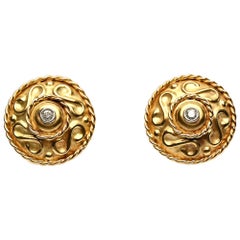 Retro Round Gold Earrings with Center Diamond