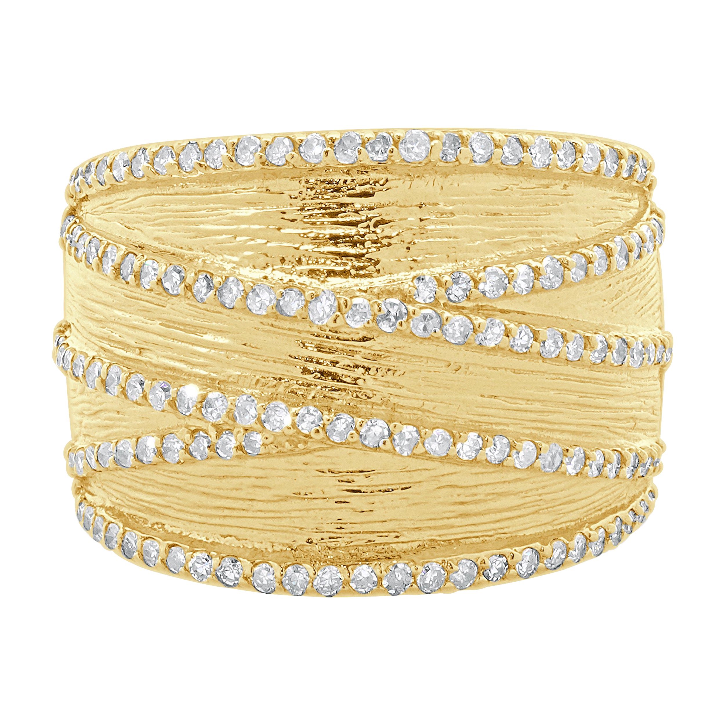 14 Karat Yellow Gold Textured Wide Diamond Crossover Band For Sale