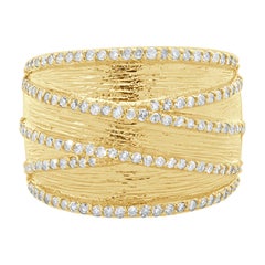 14 Karat Yellow Gold Textured Wide Diamond Crossover Band