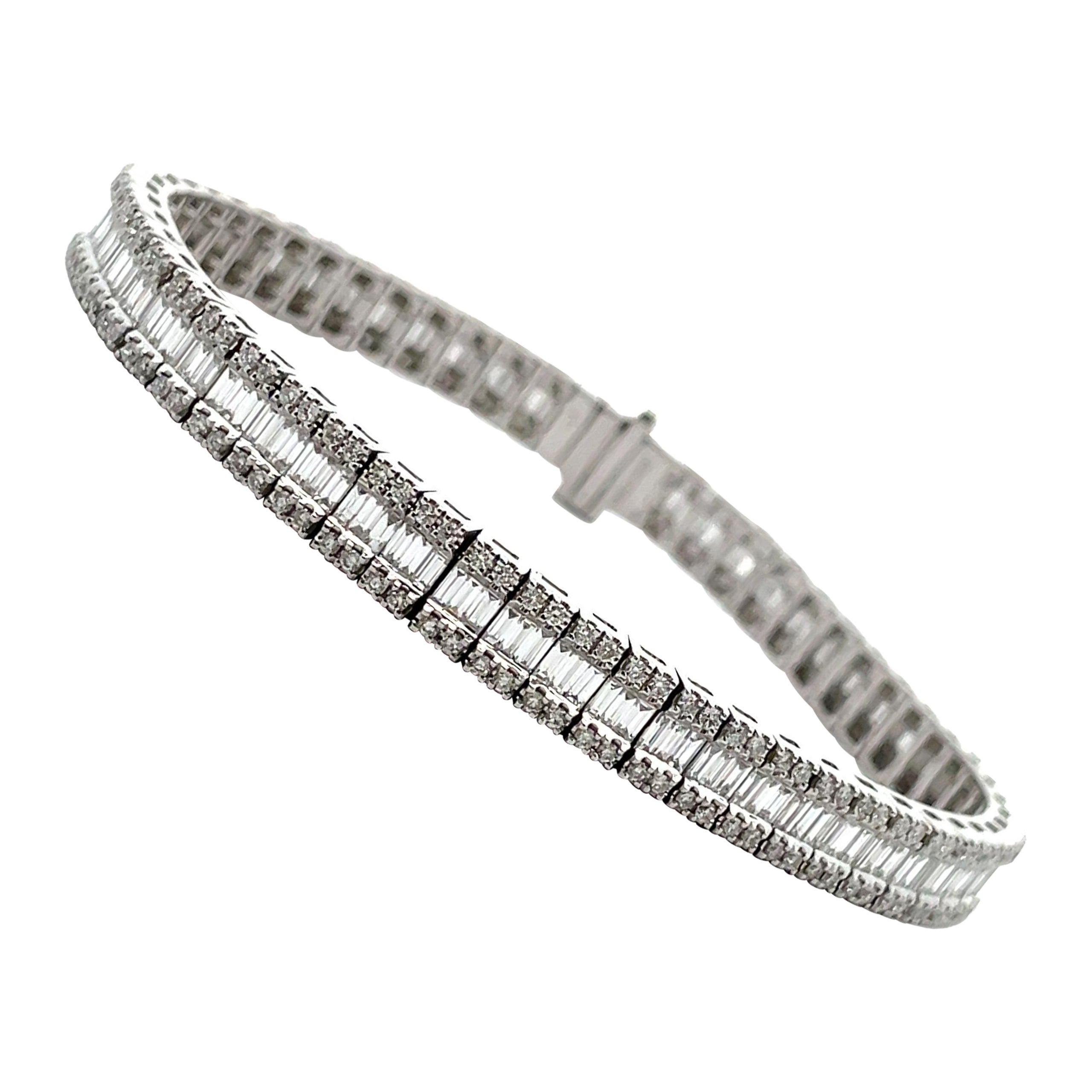 14K White Gold Baguette and Round Diamond Tennis Bracelet