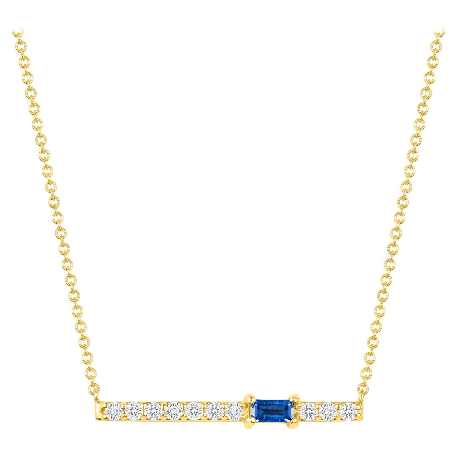 Halskette mit Baguette-Anhänger, 14 Karat Gelbgold Moderner Diamant & blauer Saphir