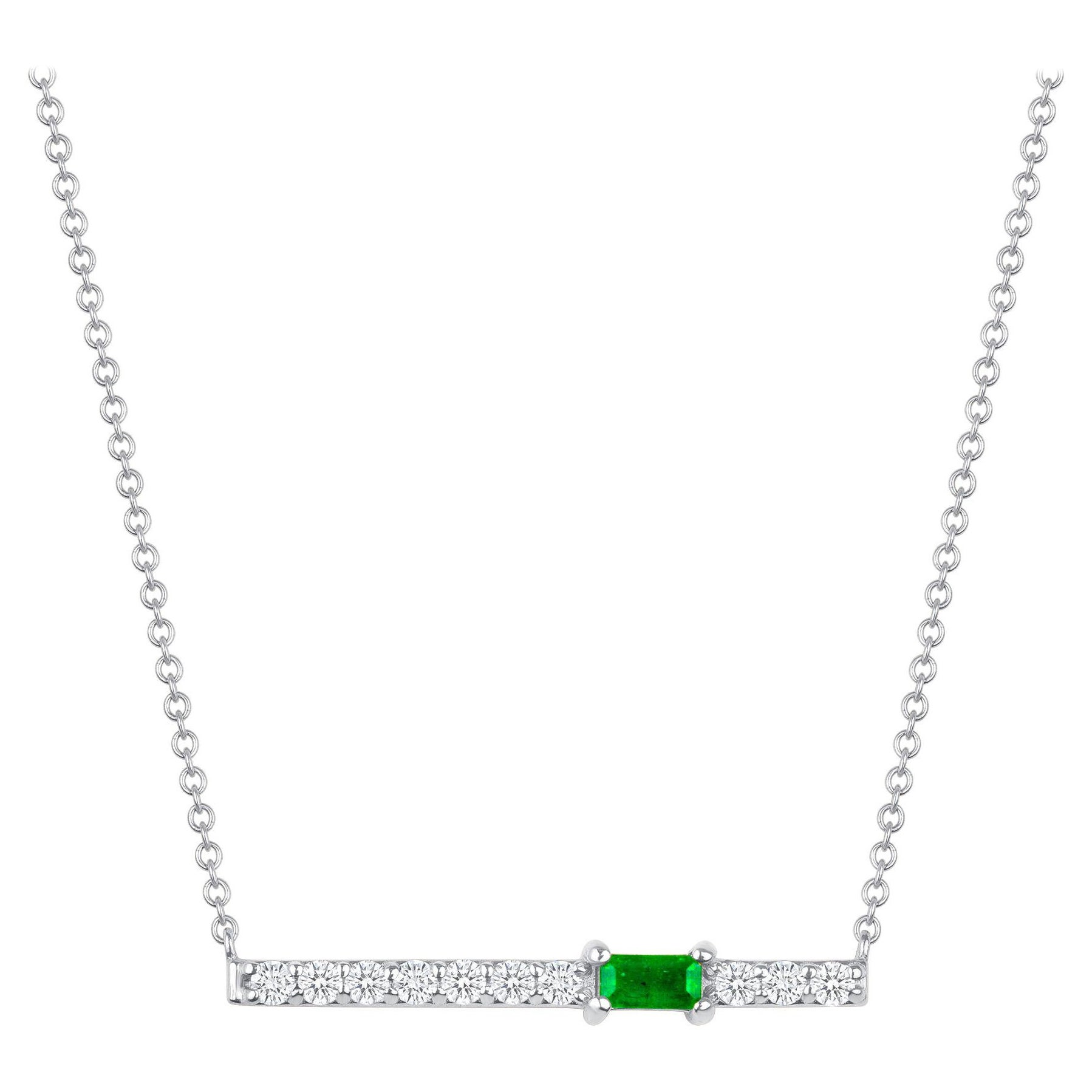 14K White Gold Modern Diamond & Emerald Baguette Pendant Necklace For Sale