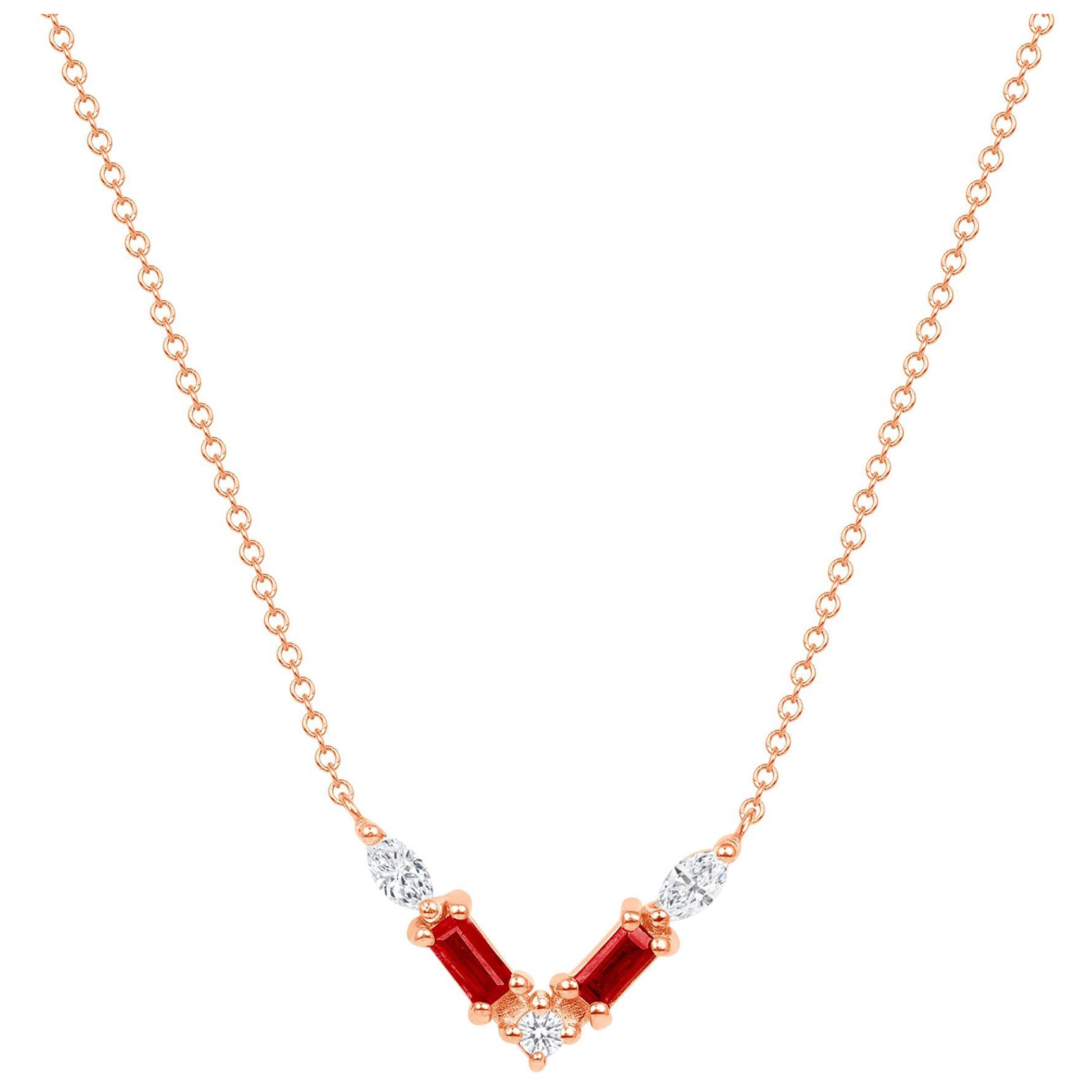 14K Rose Gold Modern Diamond & Ruby Baguette Pendant Necklace