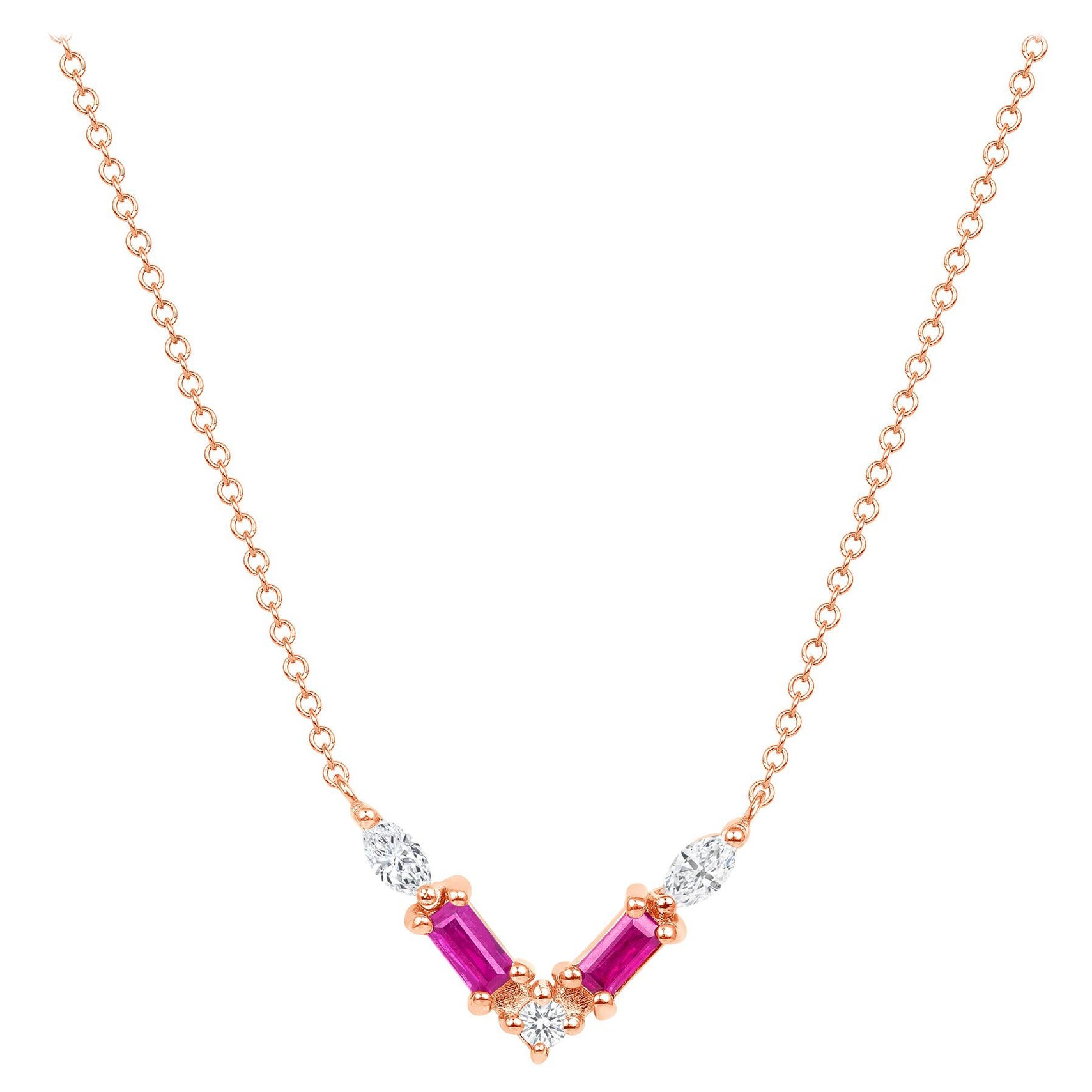 14K Rose Gold Chevron Diamond & Pink Sapphire Baguette Pendant Necklace