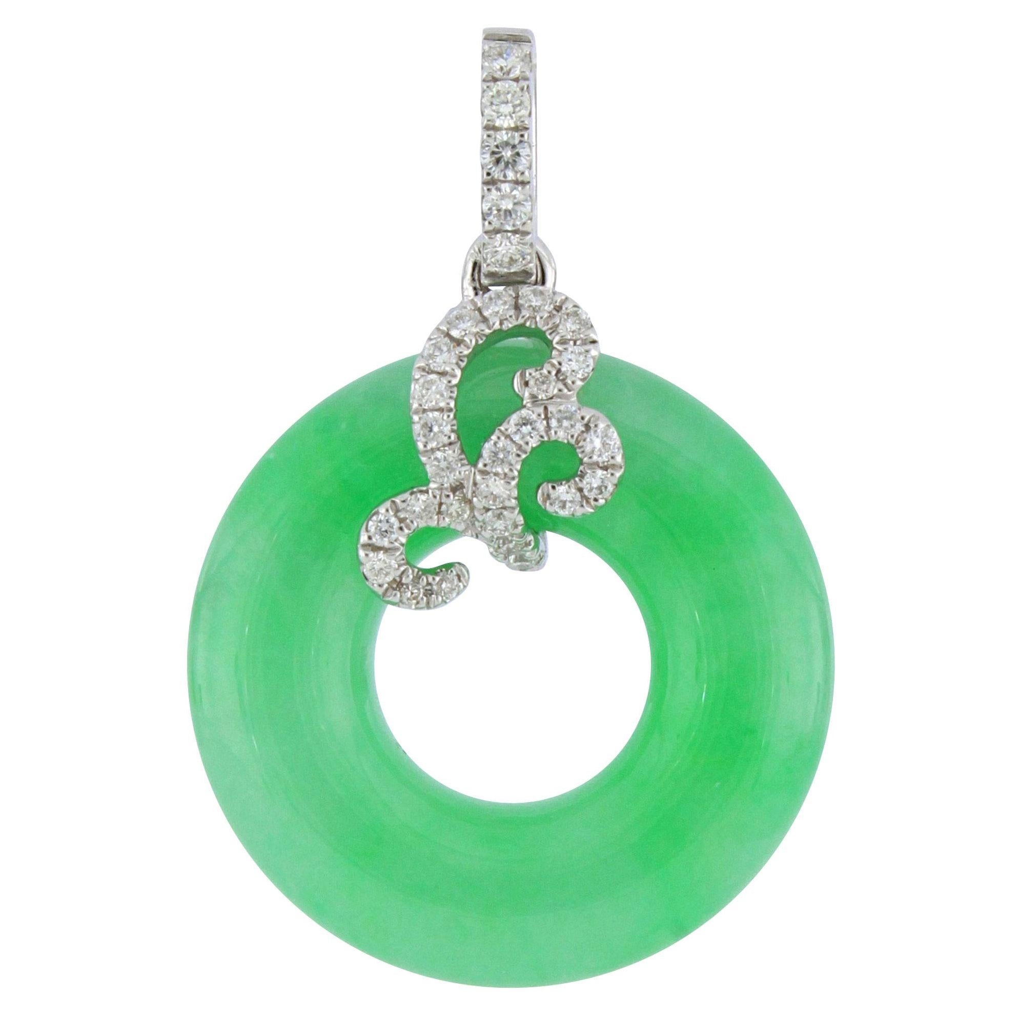 Natural Green Jadeite in Donut Shape Pendant with Diamonds in 18K Gold 