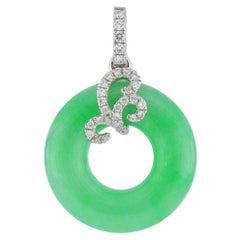 Natural Green Jadeite in Donut Shape Pendant with Diamonds in 18K Gold 