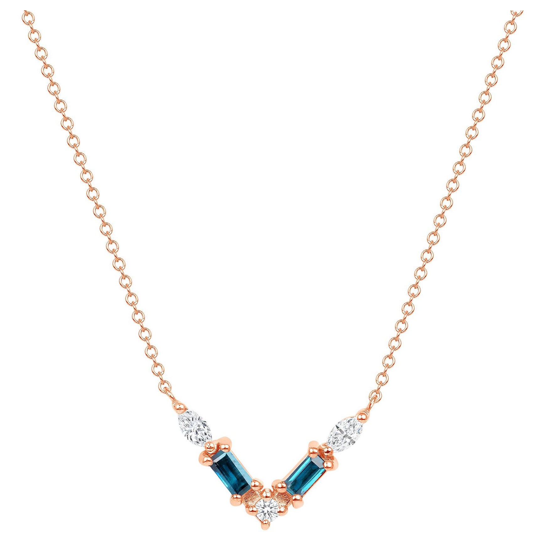 14K Rose Gold Modern Diamond & London Blue Topaz Baguette Pendant Necklace For Sale
