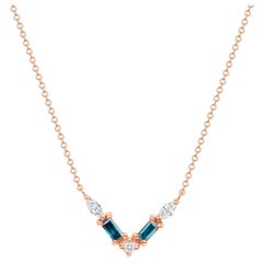 14K Rose Gold Modern Diamond & London Blue Topaz Baguette Pendant Necklace