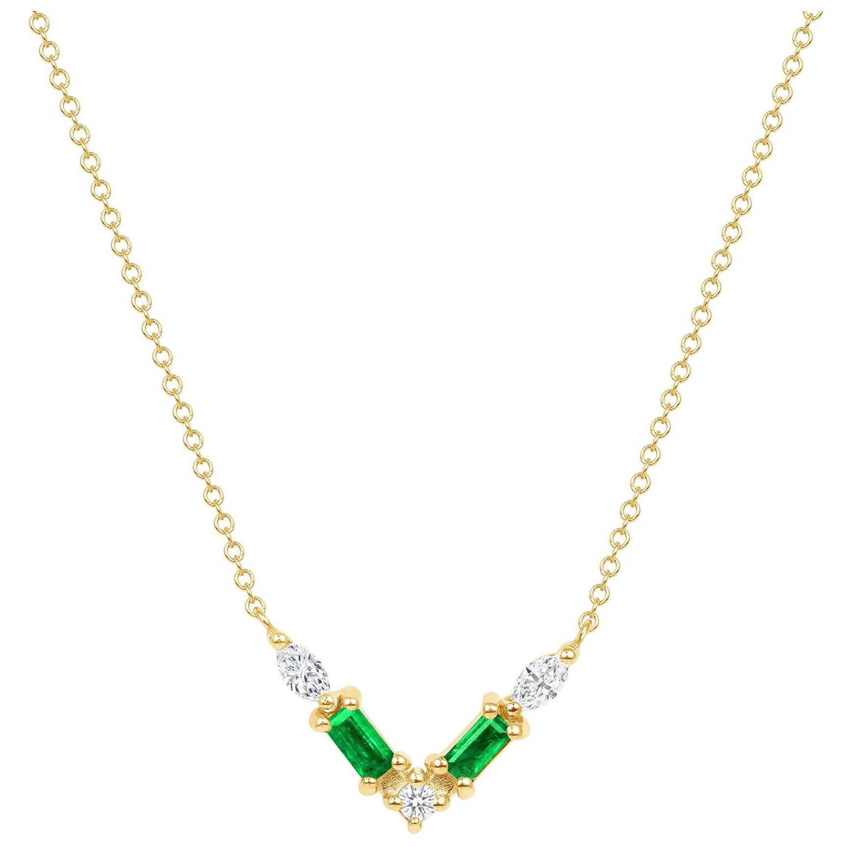 14K Yellow Gold Modern Diamond & Emerald Baguette Pendant Necklace For Sale