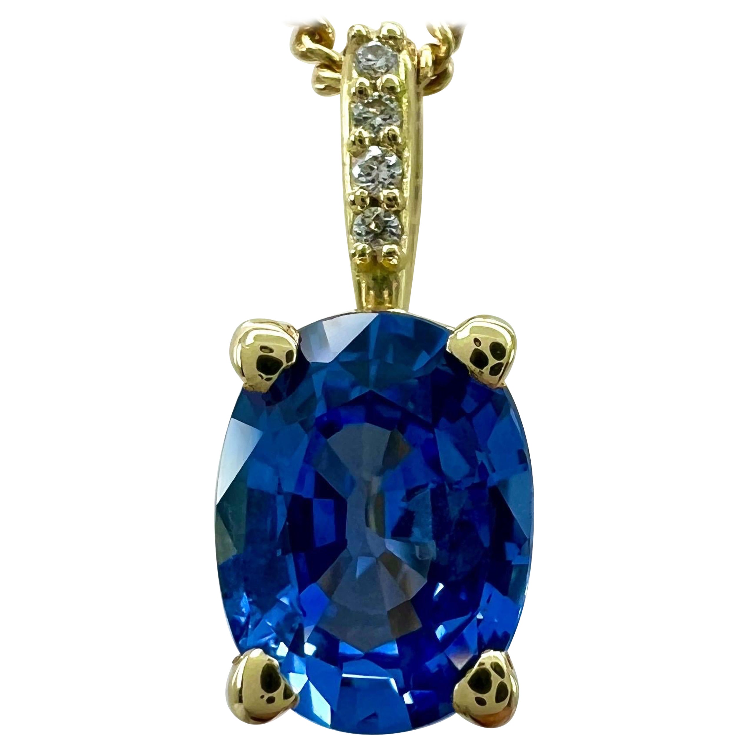 1ct Cornflower Blue Ceylon Sapphire 18k Yellow Gold Diamond Hidden Halo Pendant For Sale