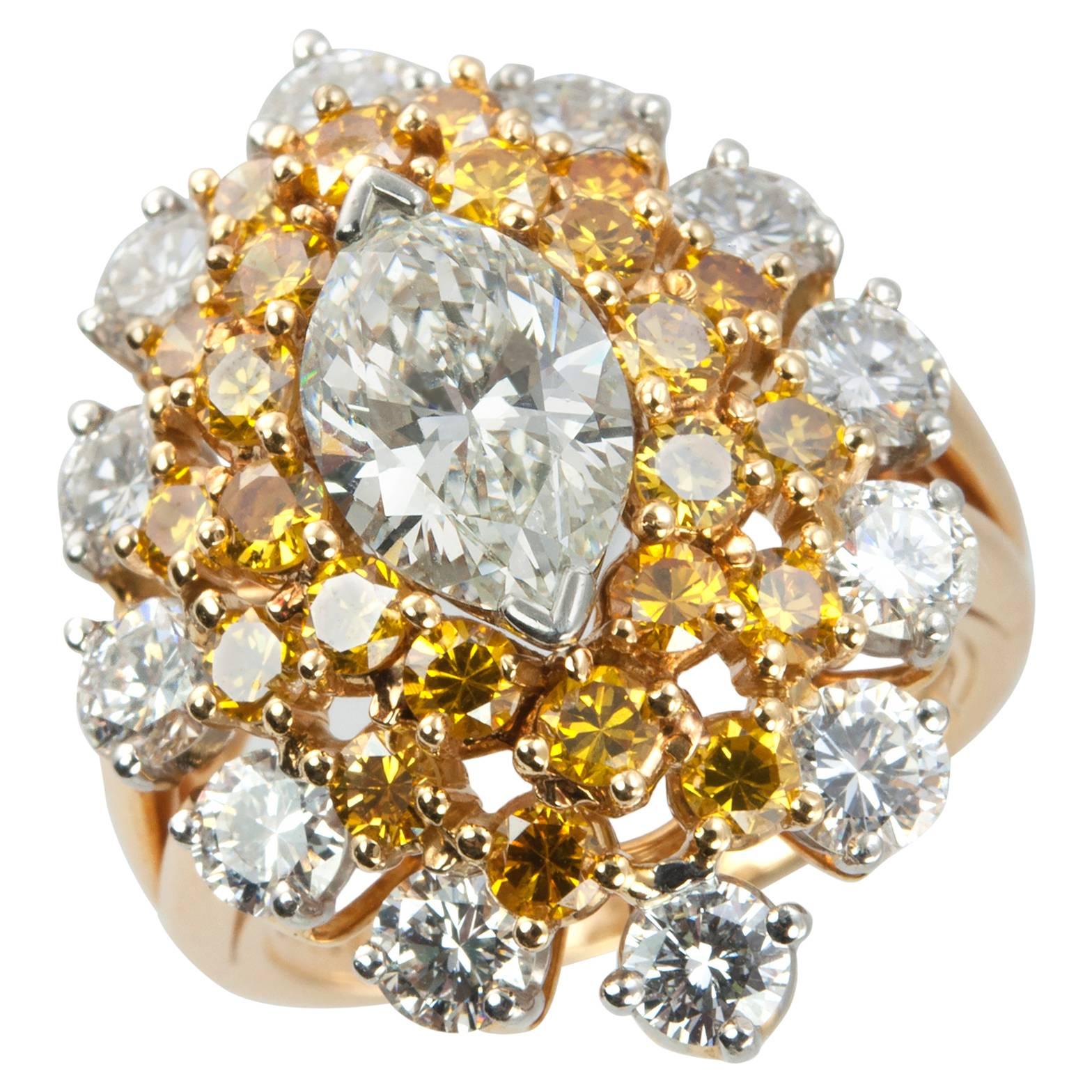 Oscar Heyman Marquise Diamond and Yellow Diamond Cocktail Ring  For Sale