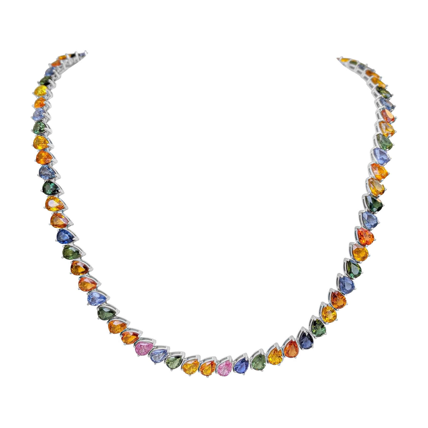 KEINE RESERVE!  -  AAA 63,03cttw Mehrfarbige birnenförmige Saphir-Halskette aus 14K Weißgold