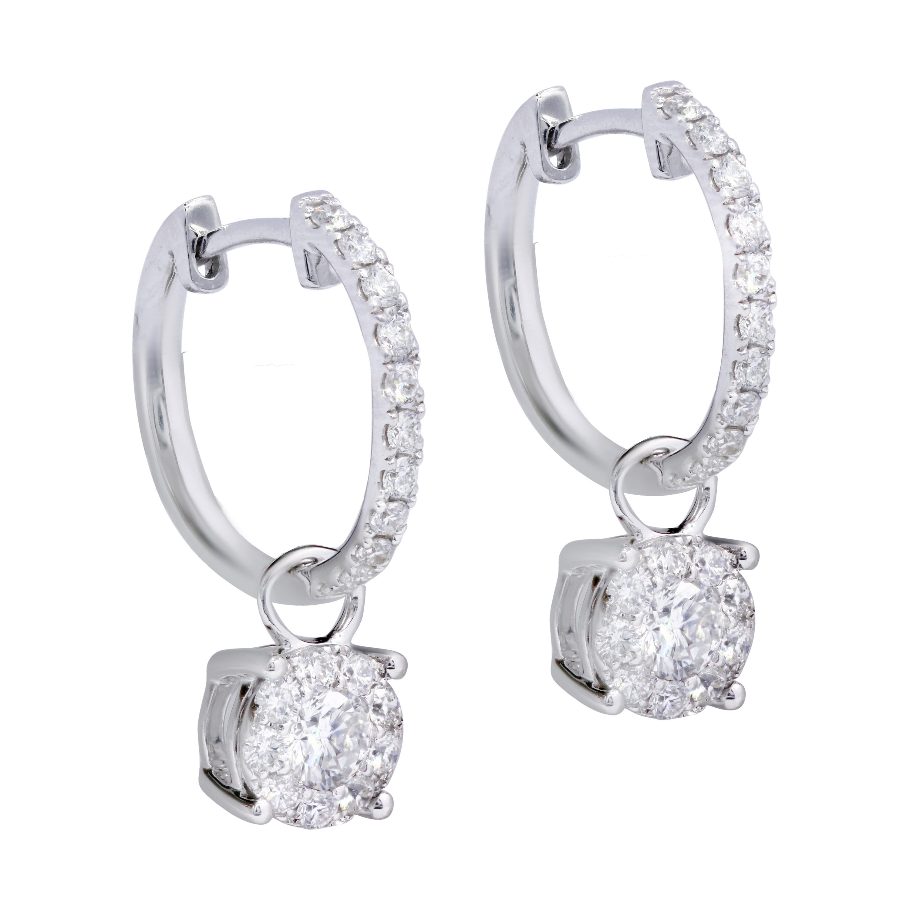 Diana M. 14kt white gold drop earrings featuring 1.00 cts tw of round diamonds  For Sale