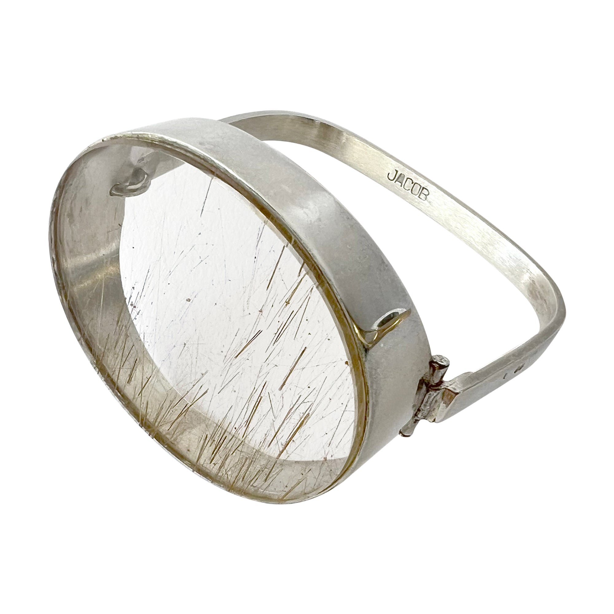 1970s French Modernist Sterling Silver Rutilated Quartz Hinged Bracelet 