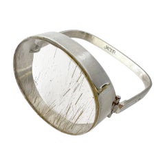1970s French Modernist Sterling Silver Rutilated Quartz Hinged Bracelet