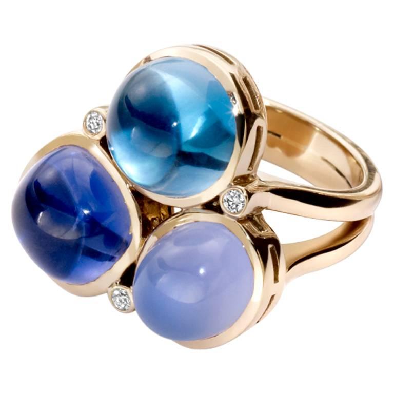 Fuscata Blue Chalcedony Iolite Blue Topaz Diamond Gold Ring