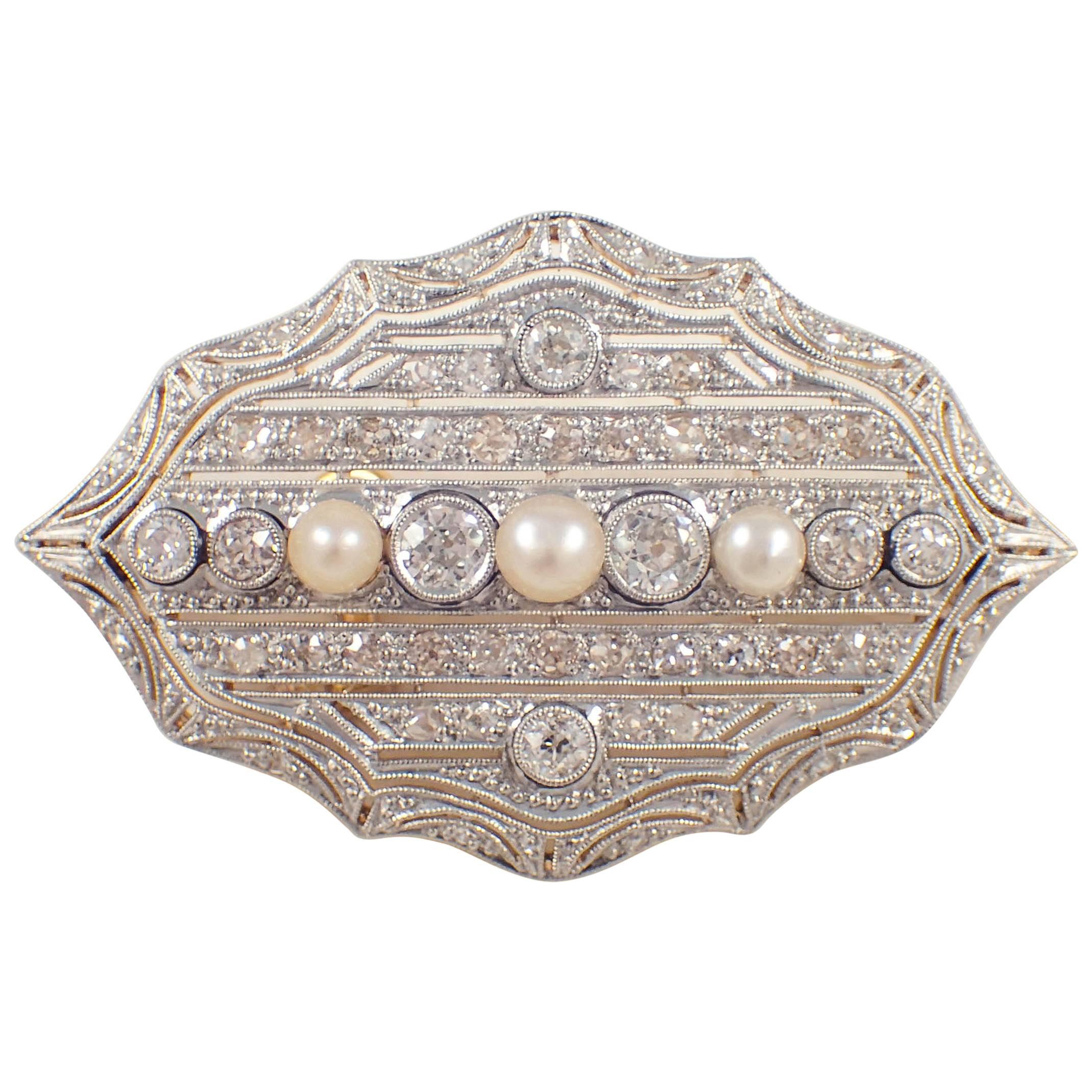 Edwardian Pearl and Diamond Pin Platinum over Gold Pendant  For Sale
