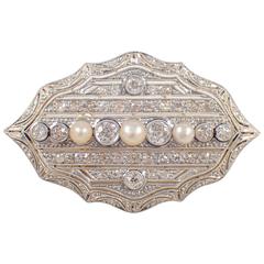 Edwardian Pearl and Diamond Pin Platinum over Gold Pendant 