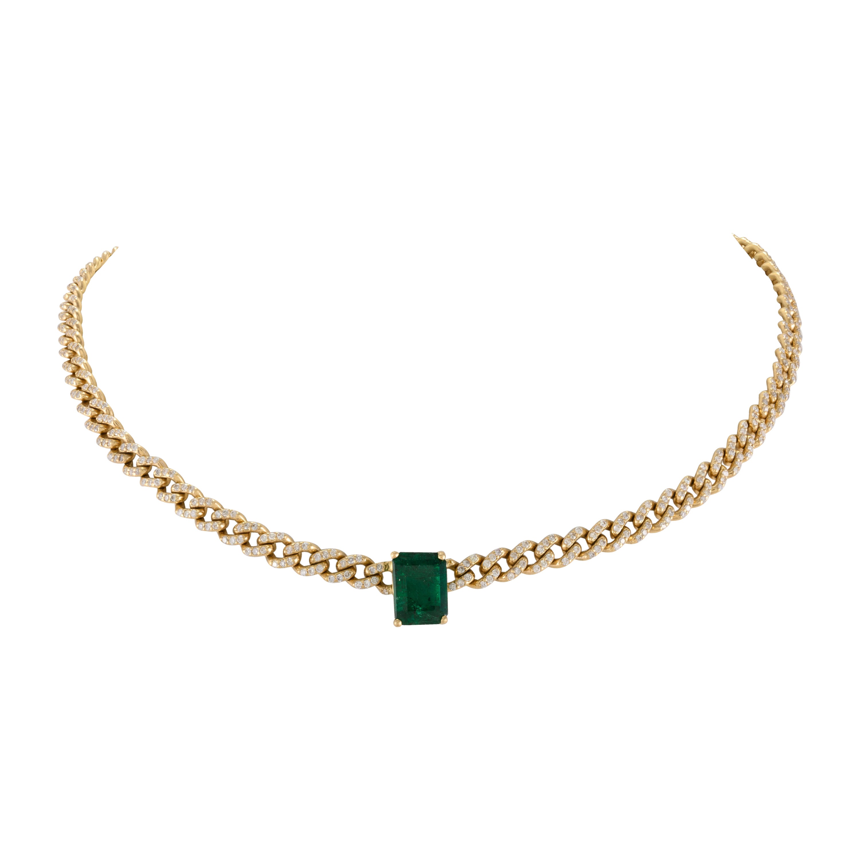 Genuine Emerald and Diamond Curb Chain Choker Necklace in 18k Solid Yellow Gold
