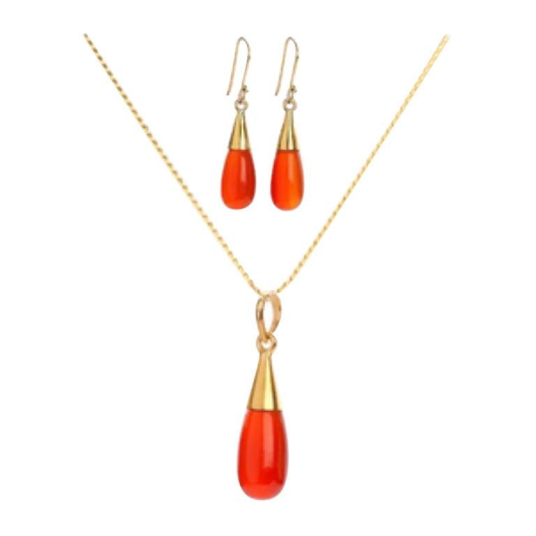 18K Gold Carnelian Sacral Chakra Droplet Necklace and Earring Set For Sale