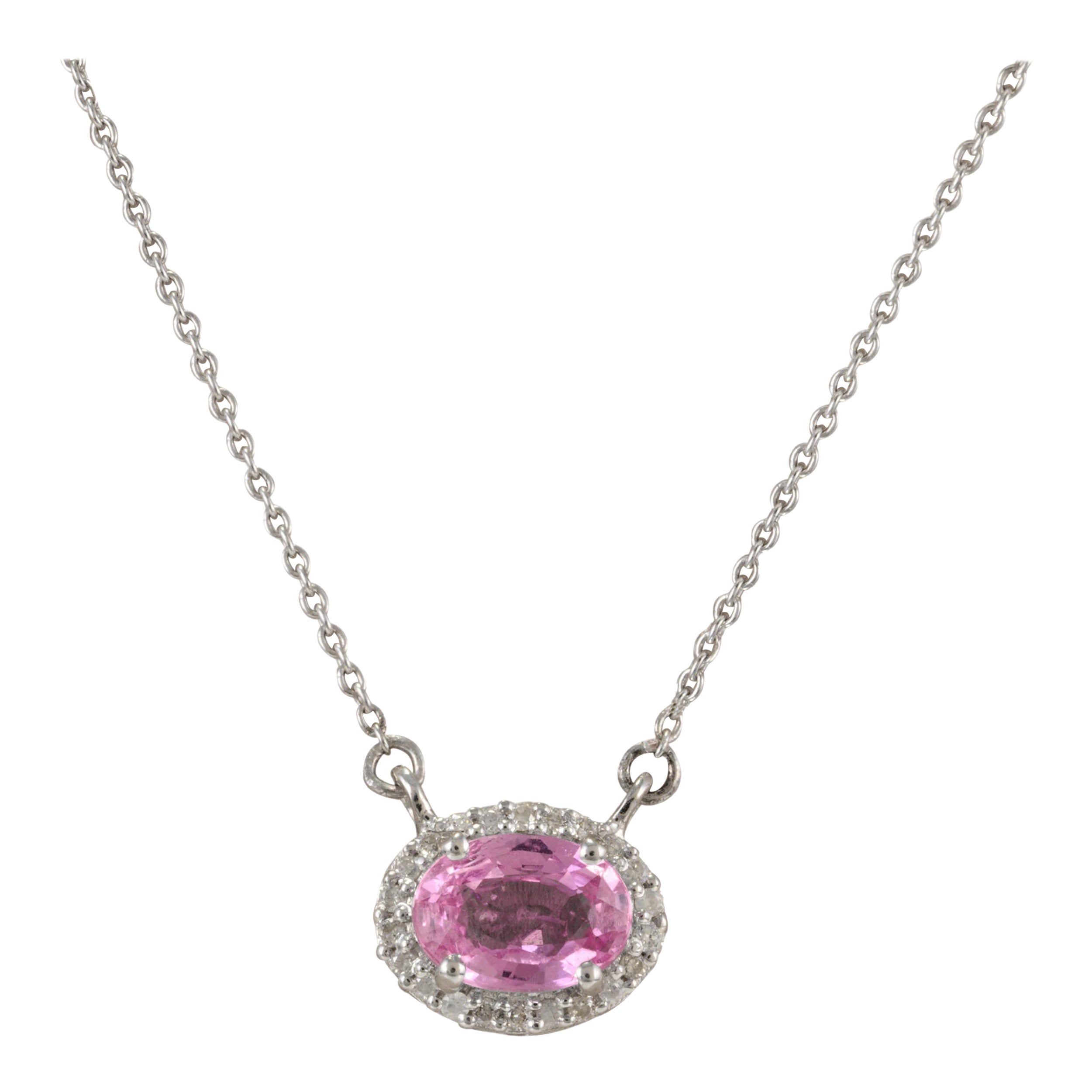 Dainty Pink Sapphire Halo Diamond Pendant Necklace in 14k Solid White Gold For Sale