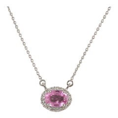 Dainty Pink Sapphire Halo Diamond Pendant Necklace in 14k Solid White Gold