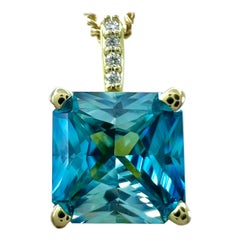 1.65ct Natural Blue Zircon Fancy Cut 18k Yellow Gold Diamond Hidden Halo Pendant