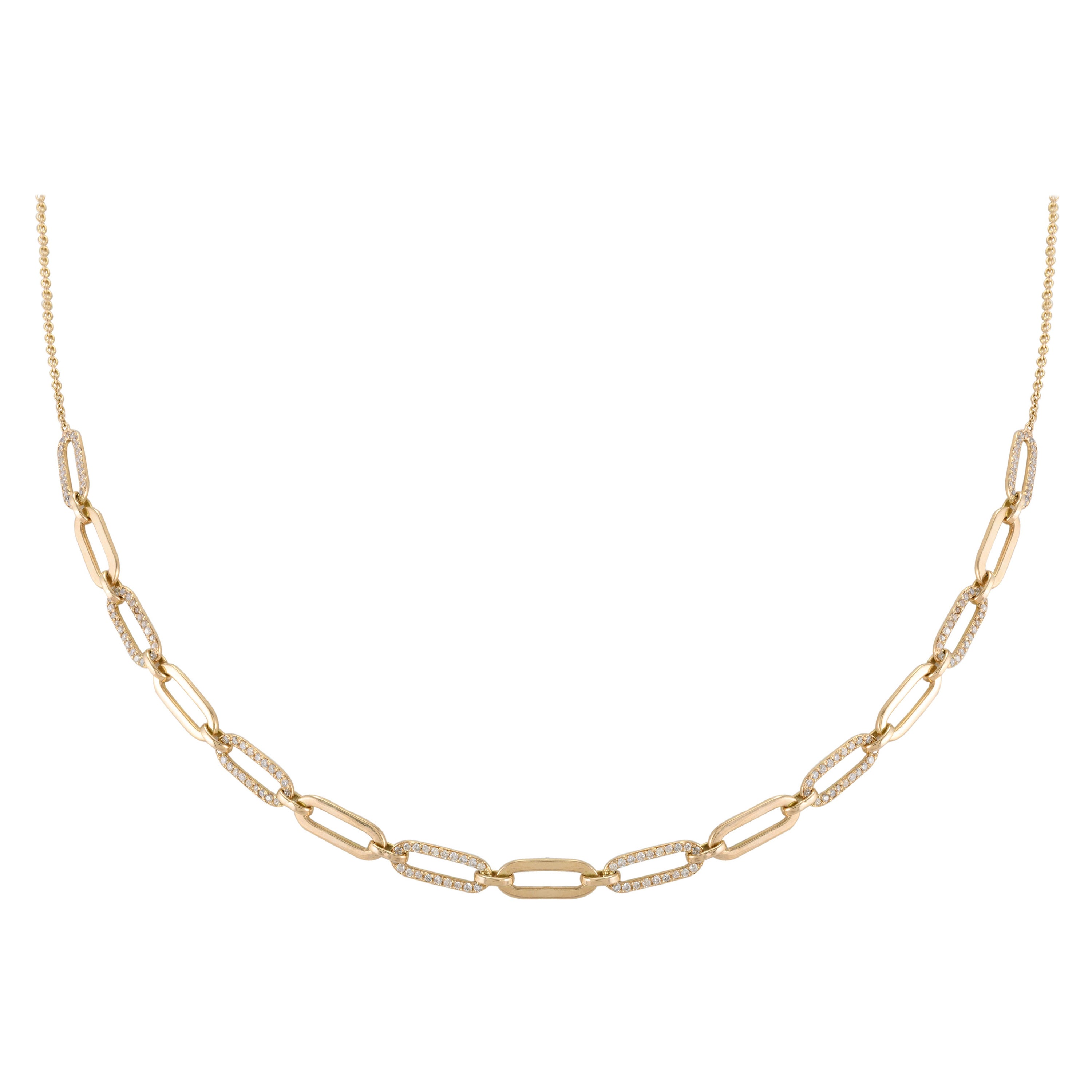 Modern Diamond Paperclip Chain Necklace in 14k Solid Yellow Gold For Her For Sale