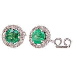 $1 NO RESERVE! 1.15 Carat Emerald & 0.25 Ct Diamonds 14 Kt. White gold Earrings