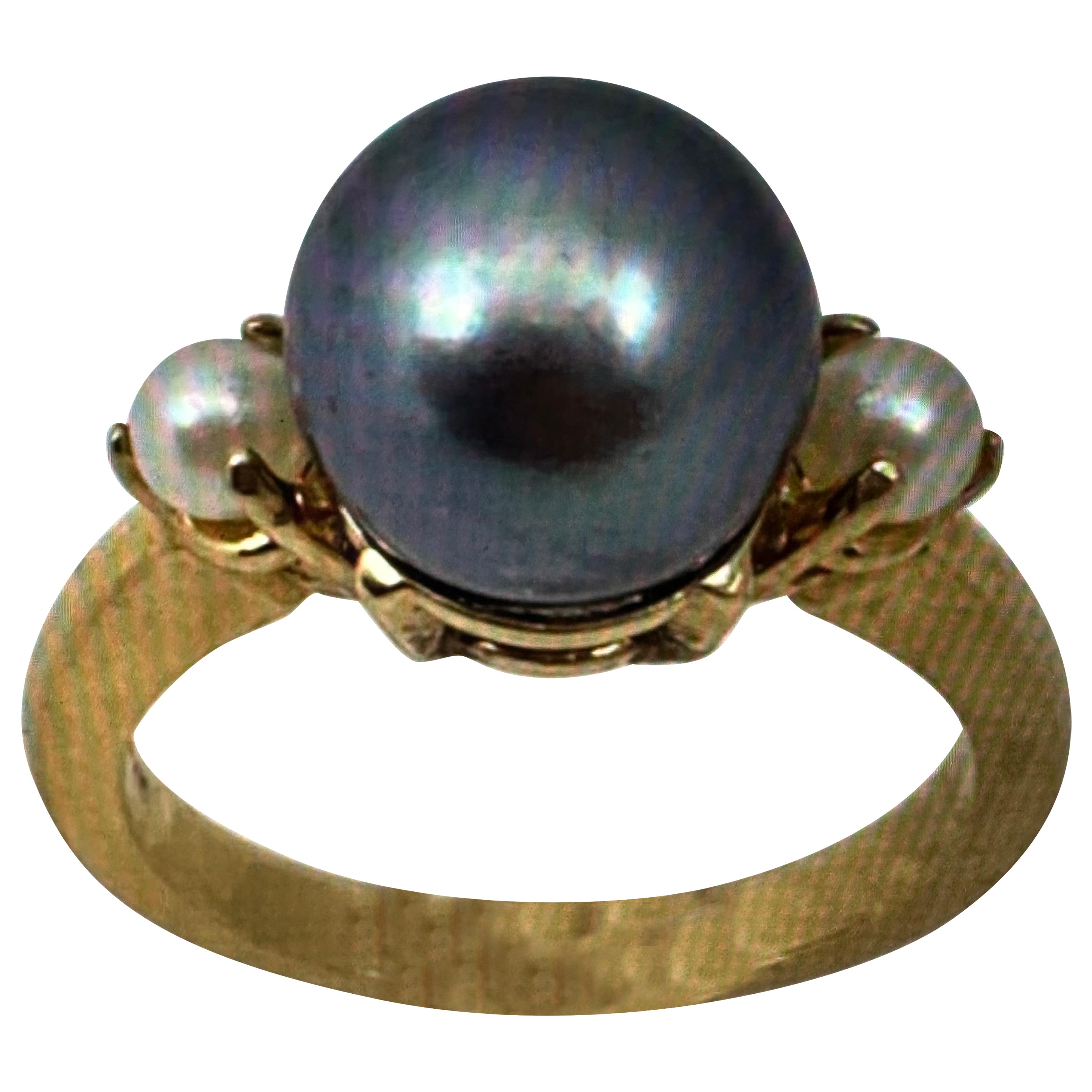 14k Yellow Gold 9.5mm Grey Tahitian Pearl 2 4mm Side White Pearls Ring  Size 6 For Sale