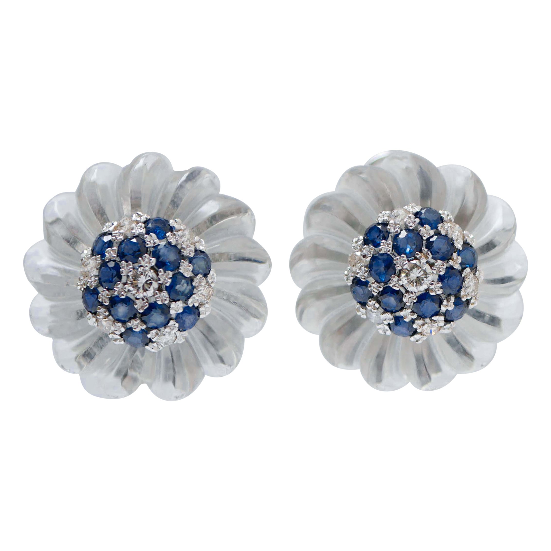 Rock Crystal, Sapphires, Diamonds, 14 Karat White Gold Earrings. For Sale