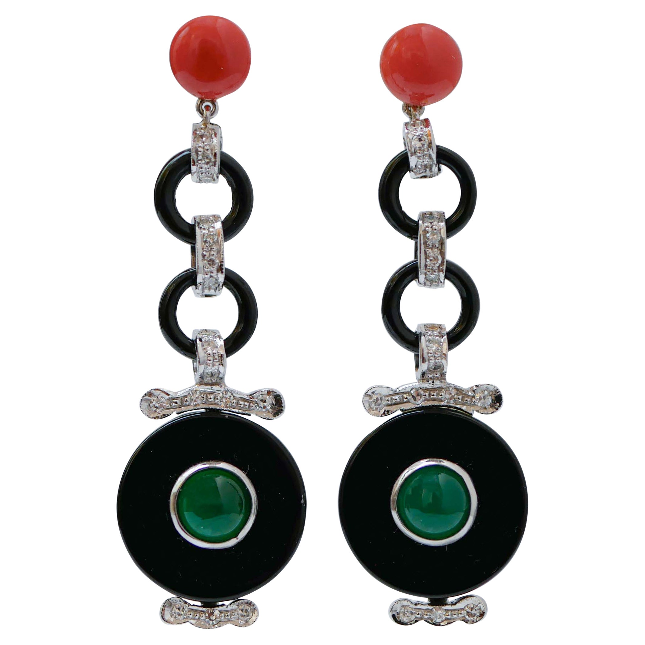 Coral, Onyx, Green Agate, Diamonds, PLatinum Dangle Earrings.