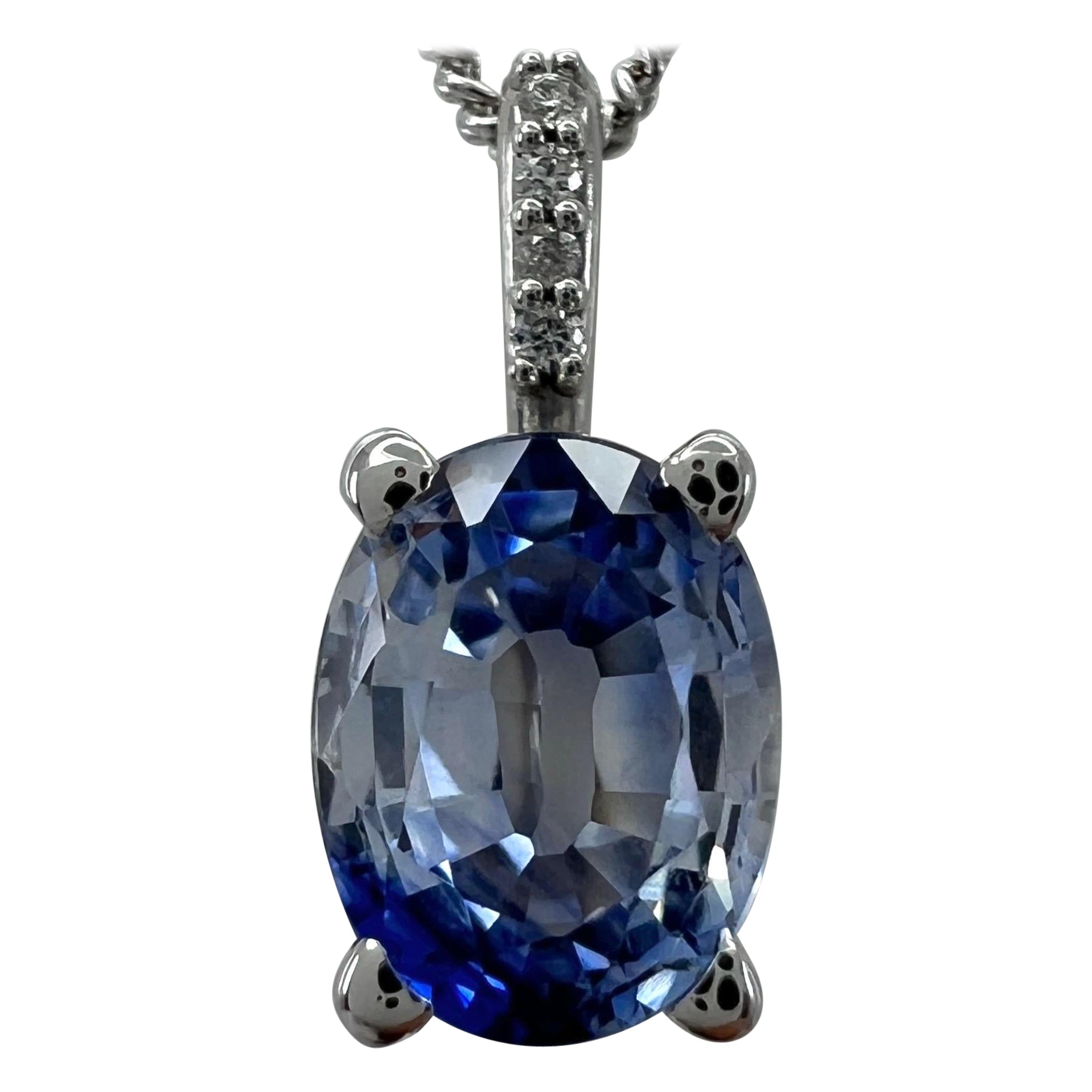 1.15ct Bi Colour Blue Ceylon Sapphire Diamond 18k White Gold Hidden Halo Pendant For Sale